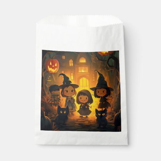 Schattigee Retro Halloween Kinder Heks Zwarte Kat Bedankzakje (Voorkant)