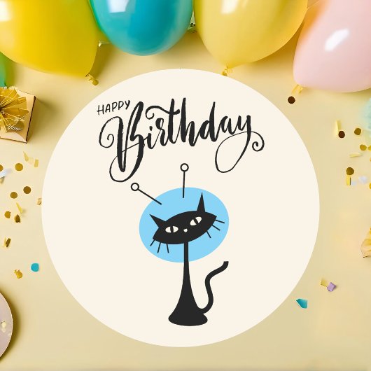 Schattigee Retro Happy Birthday Black Cat Ronde Sticker