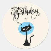 Schattigee Retro Happy Birthday Black Cat Ronde Sticker (Voorkant)