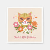 Schattigee Retro Kat en Bloemen Meisjes Verjaardag Servet (Voorkant)