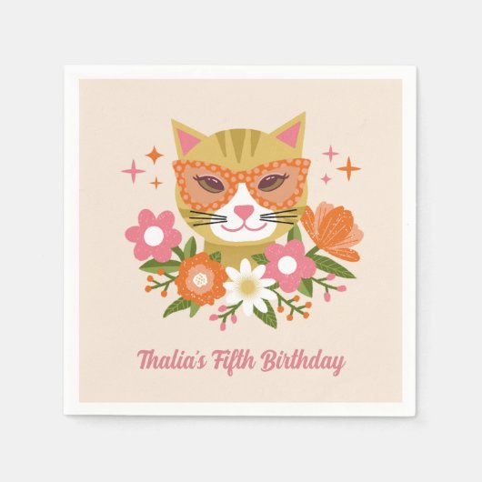 Schattigee Retro Kat en Bloemen Meisjes Verjaardag Servet (Voorkant)