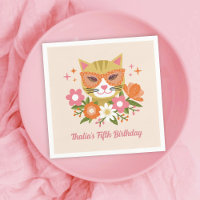 Schattigee Retro Kat en Bloemen Meisjes Verjaardag