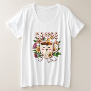 Schattigee Retro Kawaii Koffie en Bloemen Grote Maat T-shirt