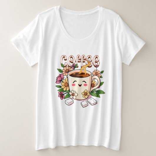 Schattigee Retro Kawaii Koffie en Bloemen Grote Maat T-shirt (Design voorkant)