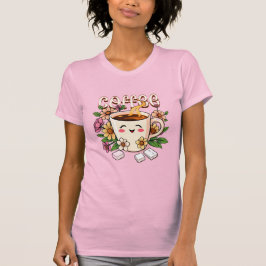 Schattigee Retro Kawaii Koffie en Bloemen T-shirt