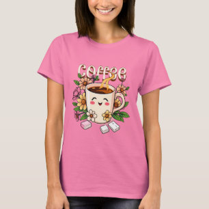Schattigee Retro Kawaii Koffie en Bloemen T-shirt