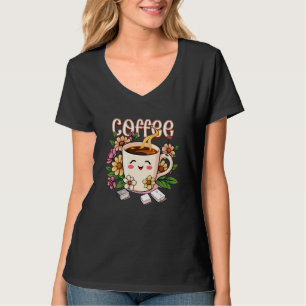 Schattigee Retro Kawaii Koffie en Bloemen T-shirt