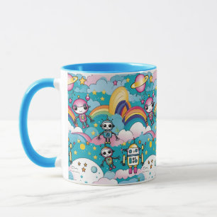 Schattigee Retro Kawaii Sci-Fi Robots en Regenboge Mok
