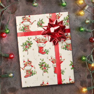 Schattigee Retro Kerst Rode Groene Elfen Cadeaupapier
