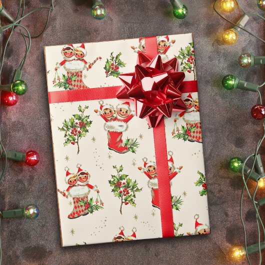 Schattigee Retro Kerst Rode Groene Elfen Cadeaupapier