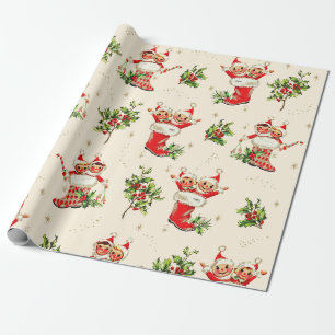 Schattigee  Retro Kerst Rode Groene Elfen Cadeaupapier