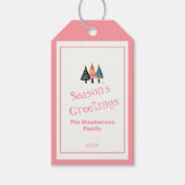 Schattigee retro kerstbomen roze vakantie cadeaulabel (Voorkant)