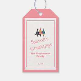 Schattigee retro kerstbomen roze vakantie cadeaulabel