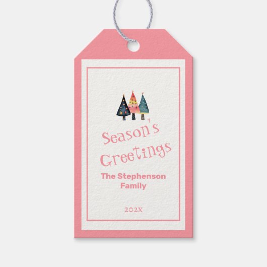 Schattigee retro kerstbomen roze vakantie cadeaulabel (Voorkant)