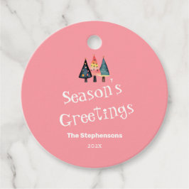 Schattigee retro kerstboom roze vakantie bedankjes labels