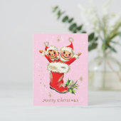 Schattigee  Retro Kerstelfen Roze Briefkaart (Staand voorkant)