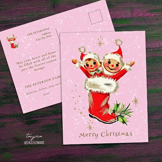 Schattigee  Retro Kerstelfen Roze Briefkaart