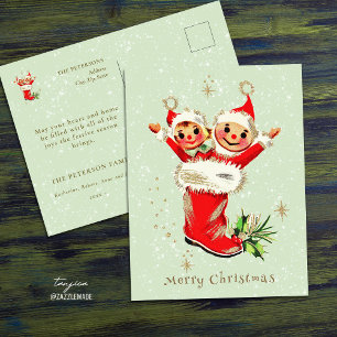 Schattigee  Retro Kerstelfen Sage Green Briefkaart