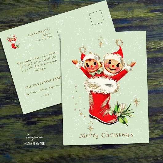 Schattigee  Retro Kerstelfen Sage Green Briefkaart