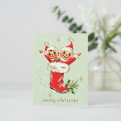 Schattigee  Retro Kerstelfen Sage Green Feestdagenkaart (Staand voorkant)