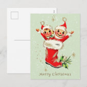 Schattigee  Retro Kerstelfen Sage Green Feestdagenkaart (Voorkant / Achterkant)