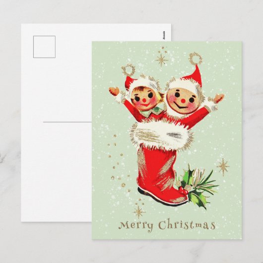 Schattigee  Retro Kerstelfen Sage Green Feestdagenkaart (Voorkant / Achterkant)