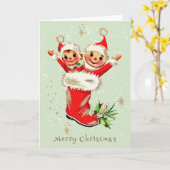 Schattigee  Retro Kerstelfen Sage Green Kaart (Gele Bloem)