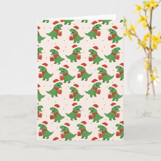 Schattigee Retro Kinder T-Rex Xmas Kaart (Gele Bloem)