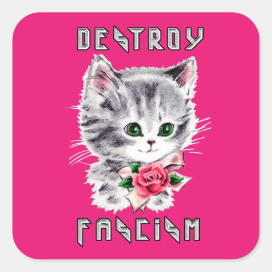 Schattigee retro kitten - vernietig fascisme vierkante sticker (Voorkant)