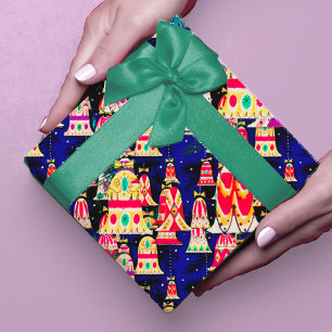 Schattigee  retro kleurrijke klokken Christmas Nav Cadeaupapier