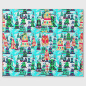 Schattigee  retro kleurrijke klokken kerst aqua cadeaupapier (Vlak)