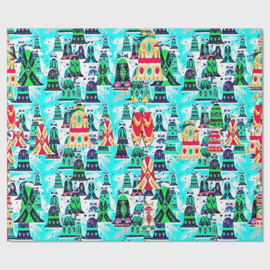 Schattigee  retro kleurrijke klokken kerst aqua cadeaupapier (Vlak)