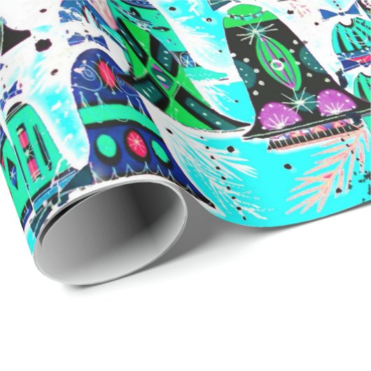 Schattigee  retro kleurrijke klokken kerst aqua cadeaupapier (Rol Hoek)