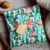 Schattigee  retro kleurrijke klokken kerst aqua cadeaupapier