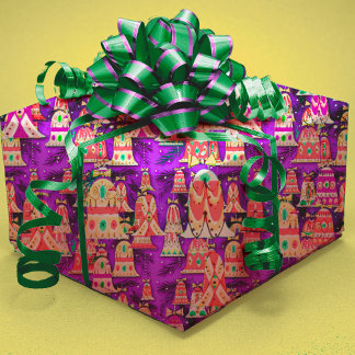 Schattigee retro kleurrijke klokken Kerst paarse Cadeaupapier
