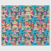 Schattigee  retro kleurrijke klokken Kerstblauw Cadeaupapier (Vlak)