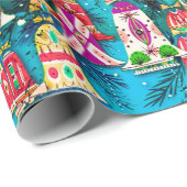 Schattigee  retro kleurrijke klokken Kerstblauw Cadeaupapier (Rol Hoek)