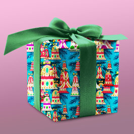 Schattigee  retro kleurrijke klokken Kerstblauw Cadeaupapier