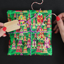 Schattigee  retro kleurrijke klokken Kerstgroen Cadeaupapier