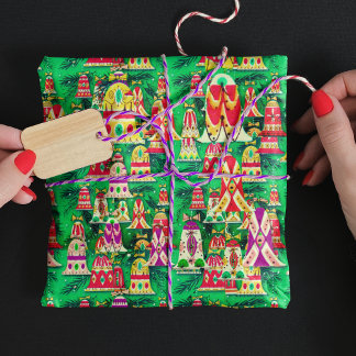 Schattigee retro kleurrijke klokken Kerstgroen Cadeaupapier