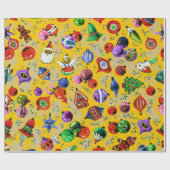 Schattigee retro kleurrijke ornamenten Kerst geel Cadeaupapier (Vlak)