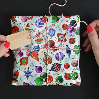 Schattigee retro kleurrijke ornamenten Kerst wit Cadeaupapier