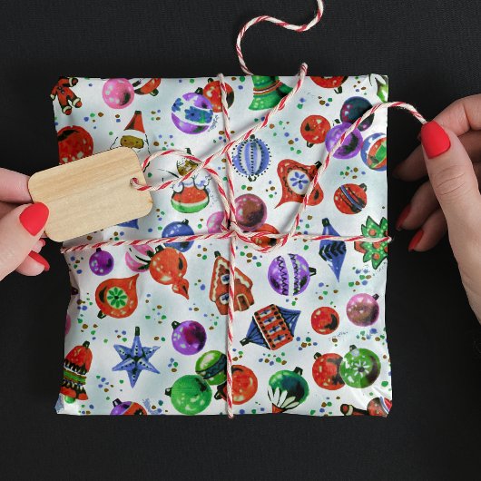 Schattigee retro kleurrijke ornamenten Kerst wit Cadeaupapier