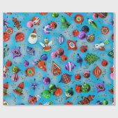 Schattigee retro kleurrijke ornamenten Kerstblauw Cadeaupapier (Vlak)
