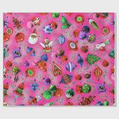 Schattigee retro kleurrijke ornamenten Kerstroze Cadeaupapier (Vlak)