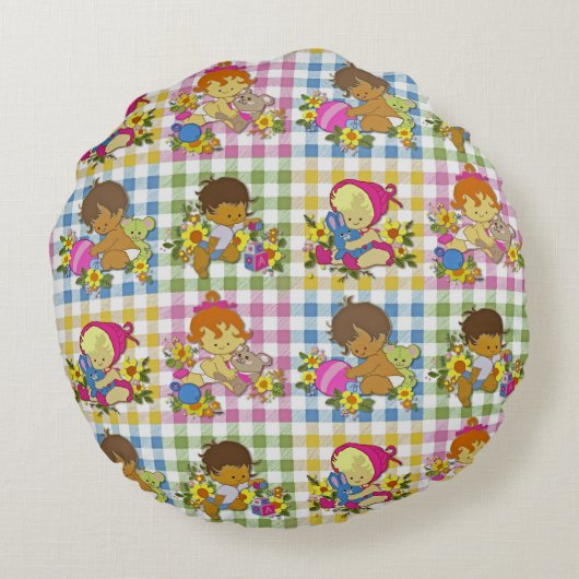Schattigee Retro Kleurrijke Patchwork Plaid Baby s Rond Kussen (Achterkant)