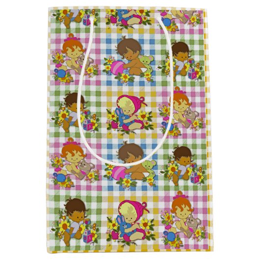 Schattigee Retro Kleurrijke Plaid Baby shower Medium Cadeauzakje (Voorkant)