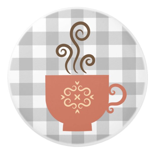 Schattigee Retro Koffie of Tea Cup op Grijze Buffe Keramische Knop (Voorkant)