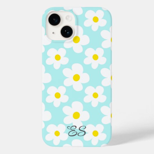 Schattigee retro madeliefjes op lichtblauwe girly  Case-Mate iPhone case (Achterkant)