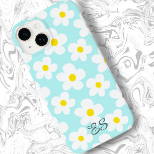 Schattigee retro madeliefjes op lichtblauwe girly iPhone 14 hoesje